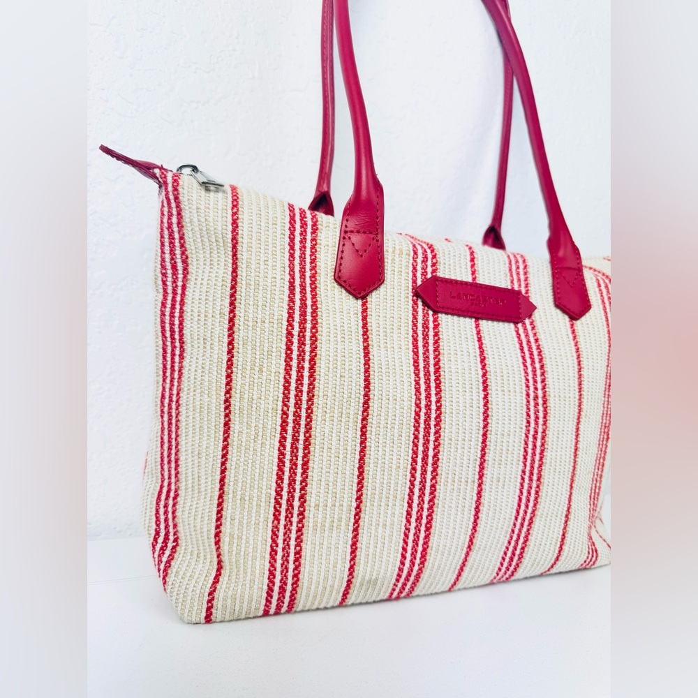 Lancaster Paris Red & Cream Striped Satchel Tote - Picture 3 of 10
